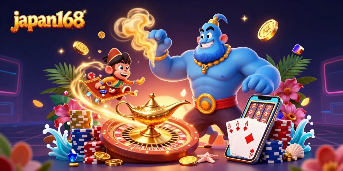Experience the magic of japan168 with a vibrant casino scene featuring a genie and poker chips.