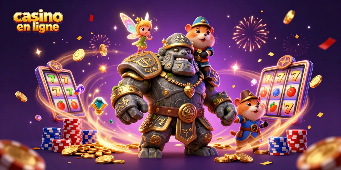 Gagnez aux machines à sous avec casino en ligne, illustré par un golem gardien animé et des personnages fantastiques.