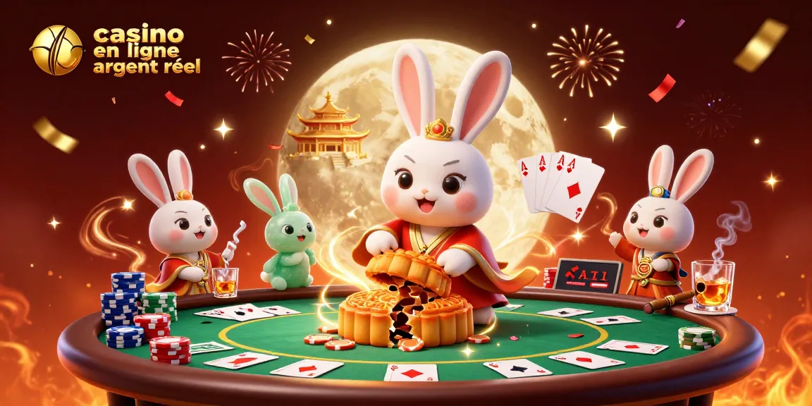 Profitez de la scène dynamique d'un casino en ligne argent réel avec un lapin de lune chinois.