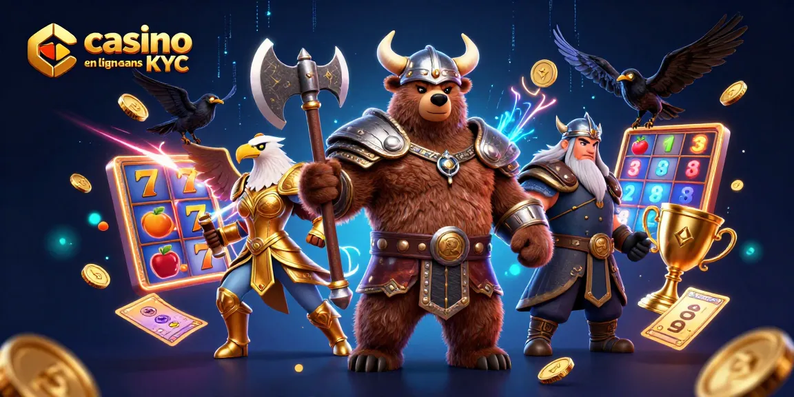 Jouez à casino en ligne sans KYC avec un ours viking et une aigle valkyrie, entourés de jackpots et de pièces d'or.