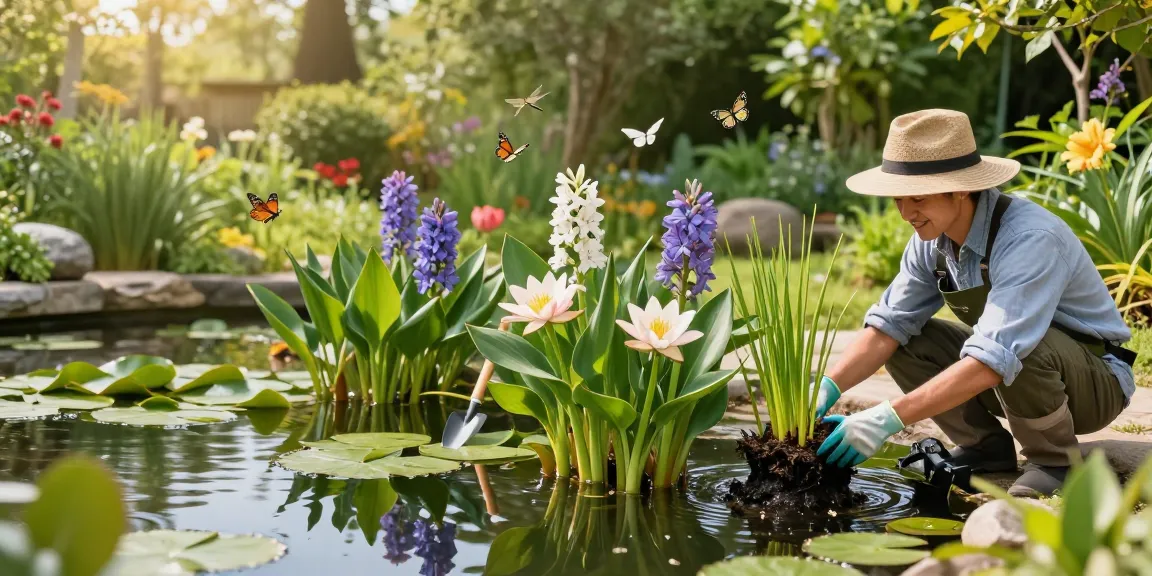 Buy Pond Plants Online: Vibrant garden pond with various aquatic plants and a gardener planting.