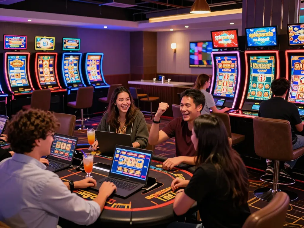 Casino gaming celebration with friends, showcasing spinpanda no deposit promotions in a lively atmosphere.