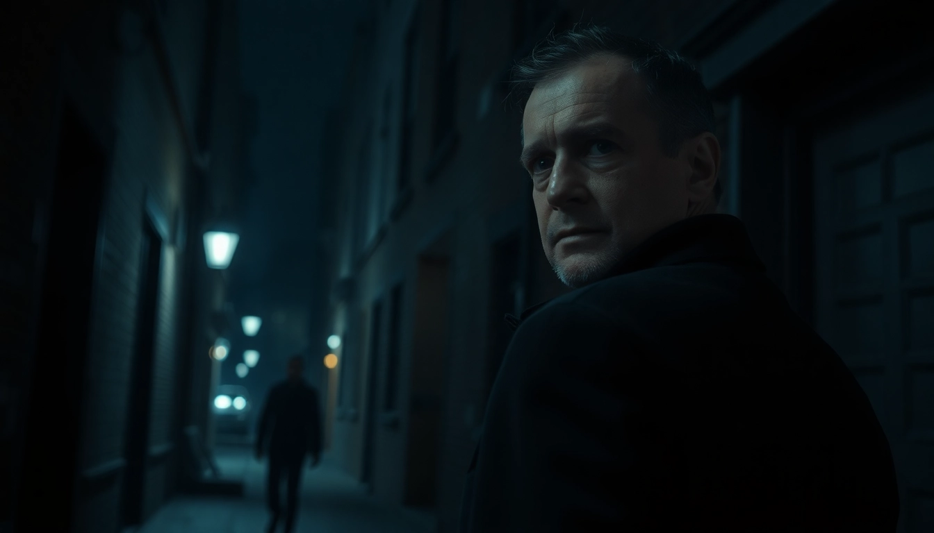 Detective in a dark alley capturing the essence of a clean thriller.