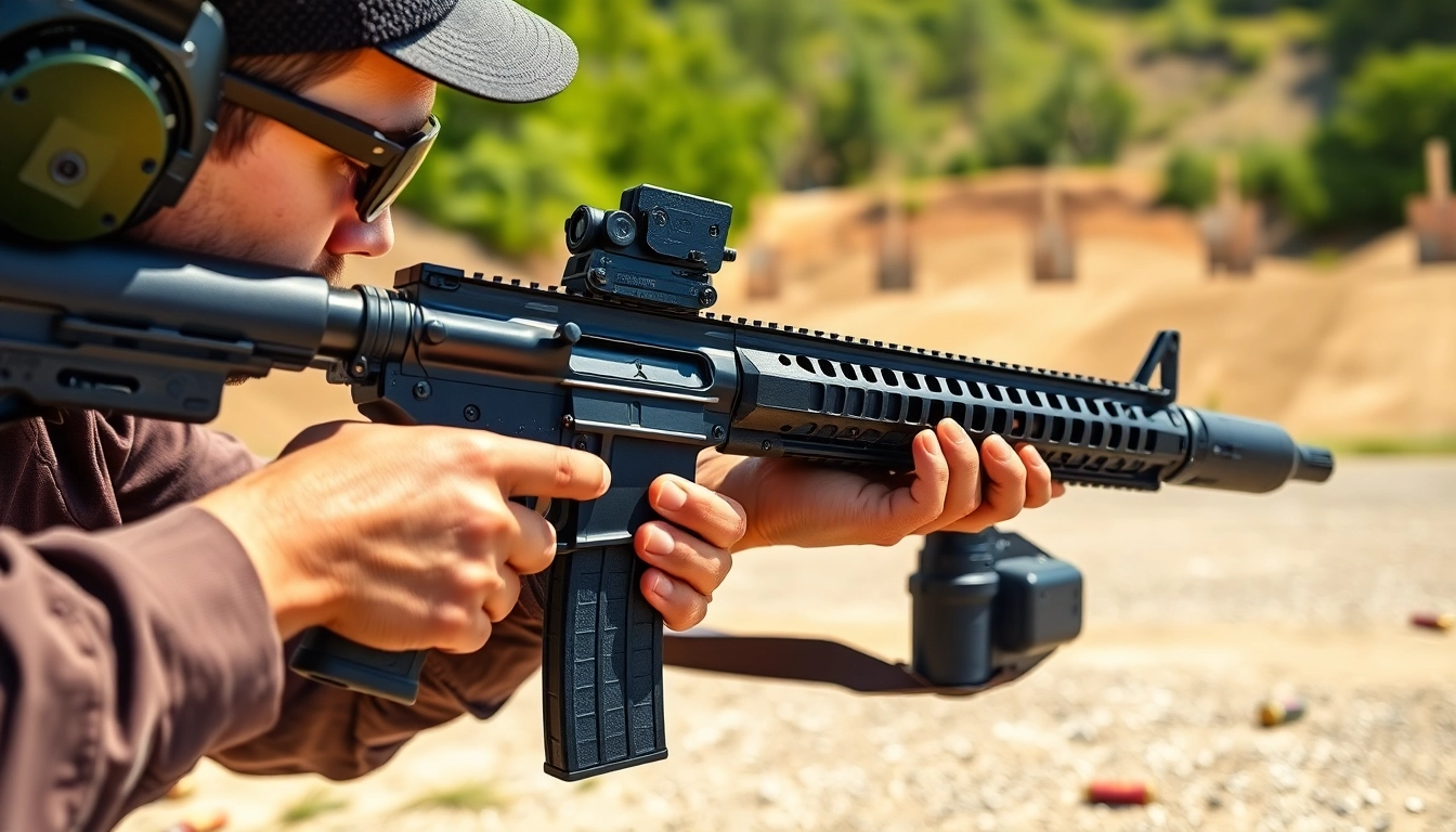 Professional shooter demonstrating a forced reset trigger on an AR-15 at a shooting range.