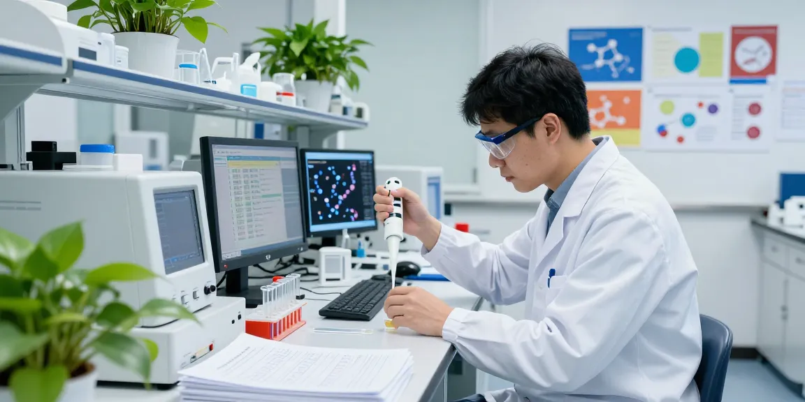 Scientist measuring peptide research products in a modern lab setting.