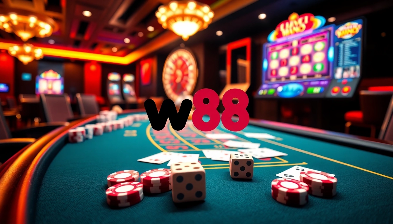 Exciting gaming action at nhà cái w88 casino with vibrant tables filled with cards and roulette.