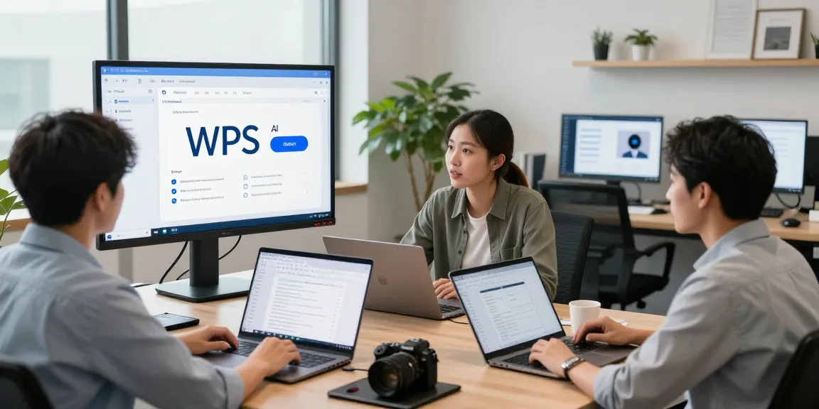 使用WPS中文办公软件下载提升工作效率的现代职场协作场景，团队成员正在围绕WPS AI进行讨论。