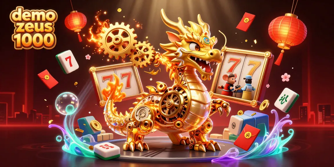 Experience demo slot zeus 1000 with a vivid 3D illustration featuring a golden dragon, slot reels, and festive elements.