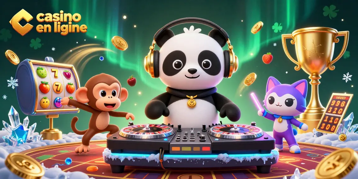 Jouer au casino en ligne avec un panda DJ, un singe danseur et un chat rave, entourés d'éléments de jeu dynamiques.