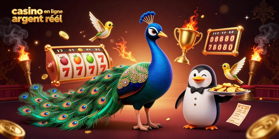 Jouez aux machines à sous avec casino en ligne argent réel, illustré par un paon aristocratique et un pingouin majordome.