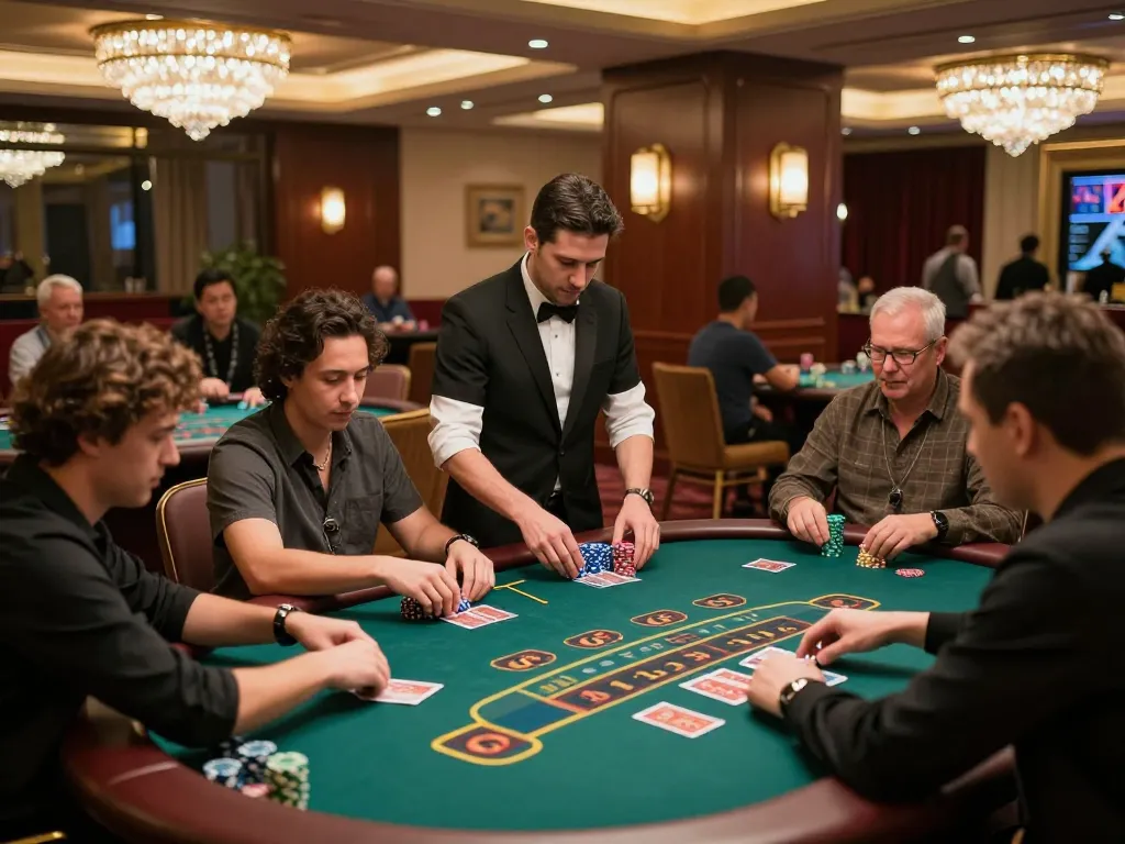 N188 players strategizing at blackjack tables in an elegant casino setting