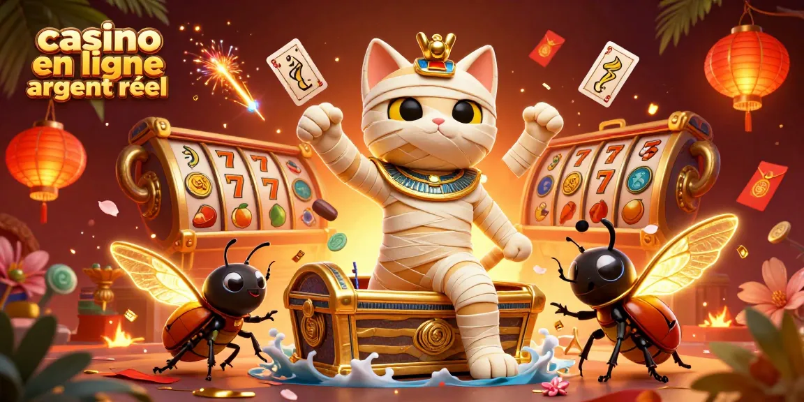 Jeu au casino en ligne argent réel avec un chat momie égyptien et des éléments de jeu flottants.