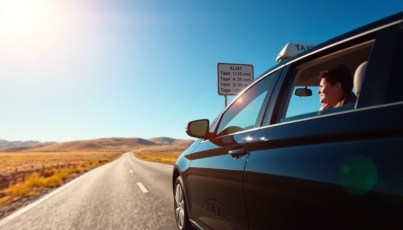 Long distance taxi transfers depicted with a modern taxi on a scenic road showcasing comfort and reliability.
