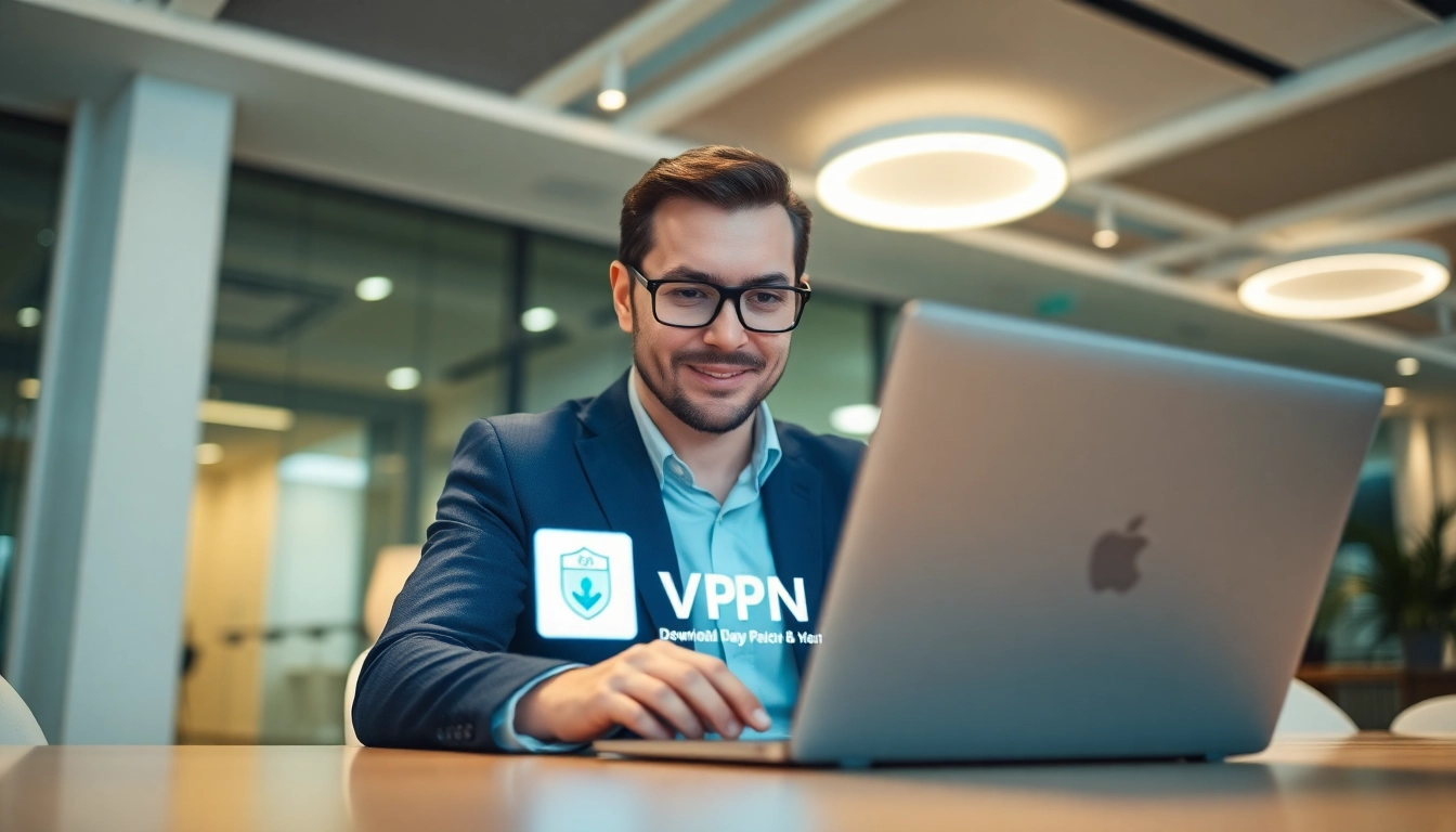 快连vpn下载 capture in a modern office with a user downloading the app.
