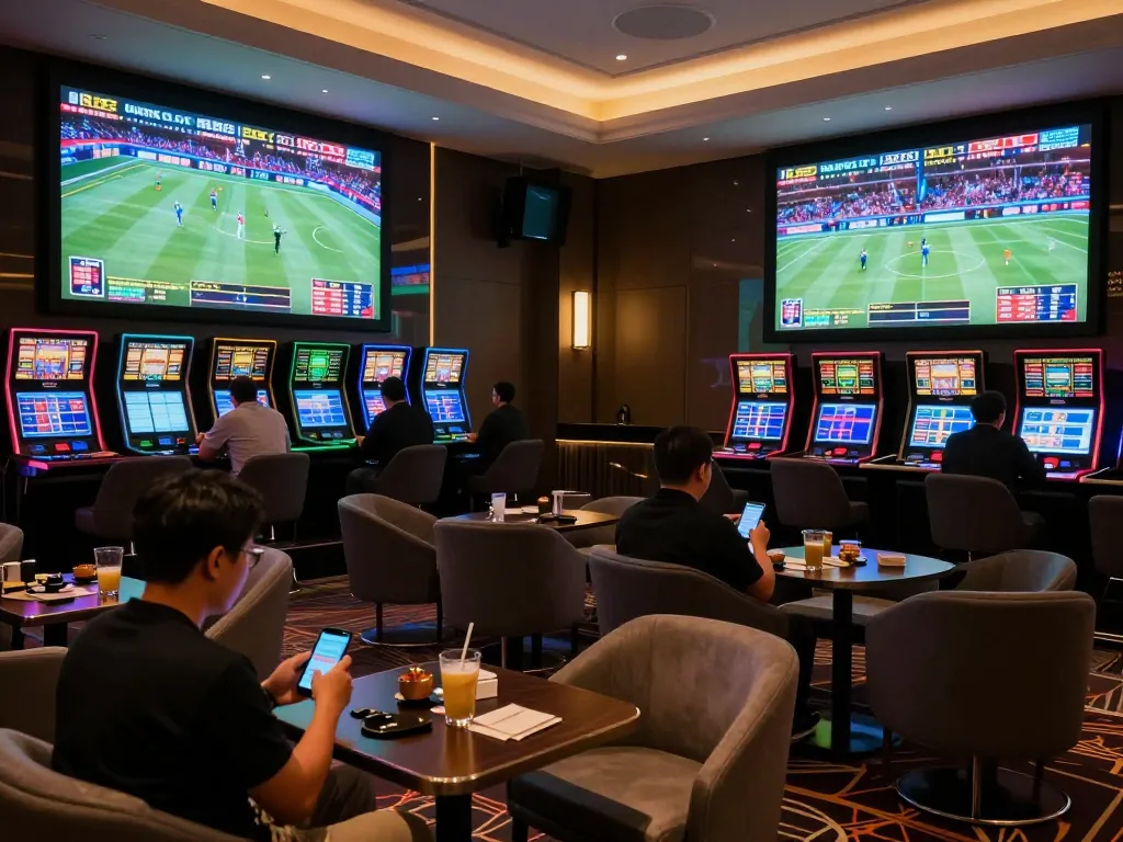 Sports betting excitement at TV88 with patrons placing bets in a vibrant lounge