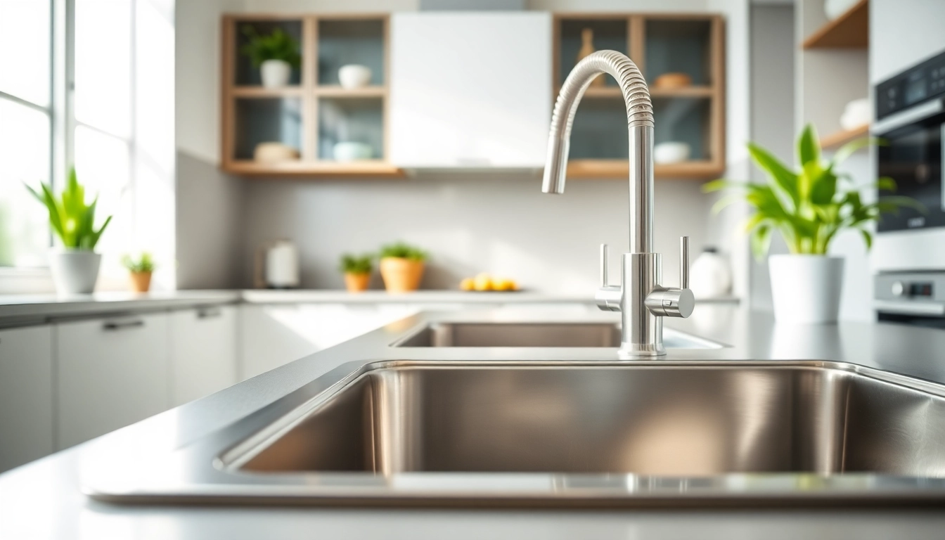 Glistening steel sink in a modern kitchen, showcasing its smooth texture and sleek design.