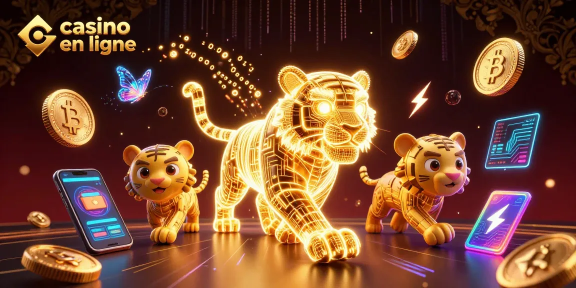 Jouez virtuellement dans un casino en ligne avec un tigre néon et des éléments de cryptomonnaie.