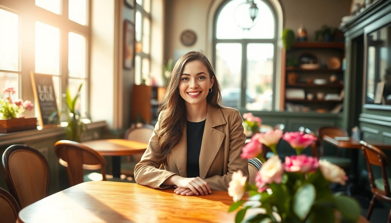 Mademoisele enjoying a stylish moment in a Parisian café, radiating elegance and joy.