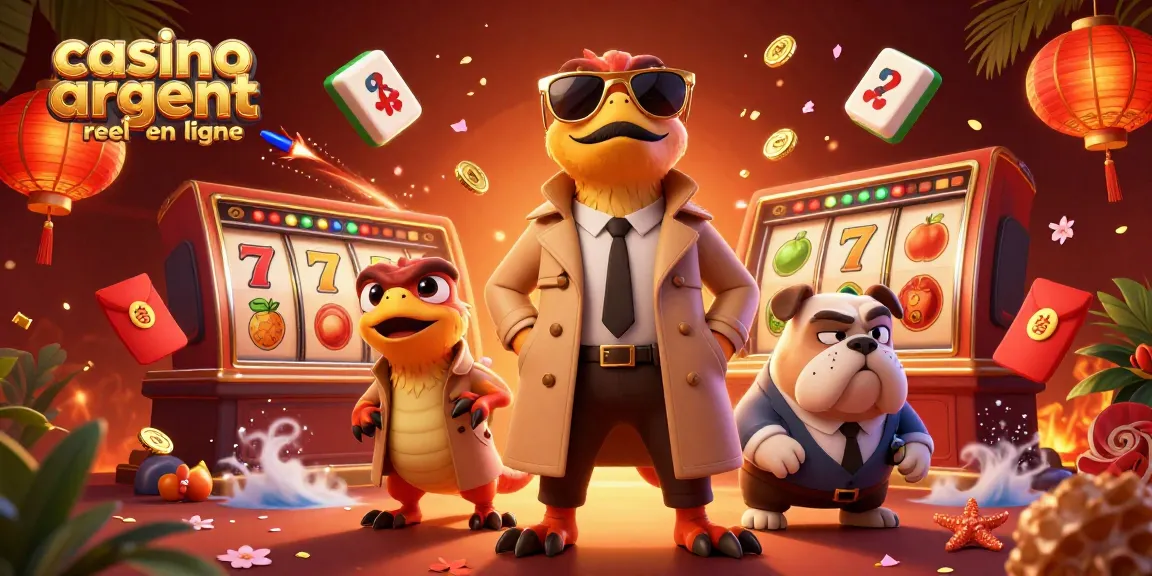 Personnages amusants et dynamiques illustrant un casino argent réel en ligne, avec des détails extravagants.