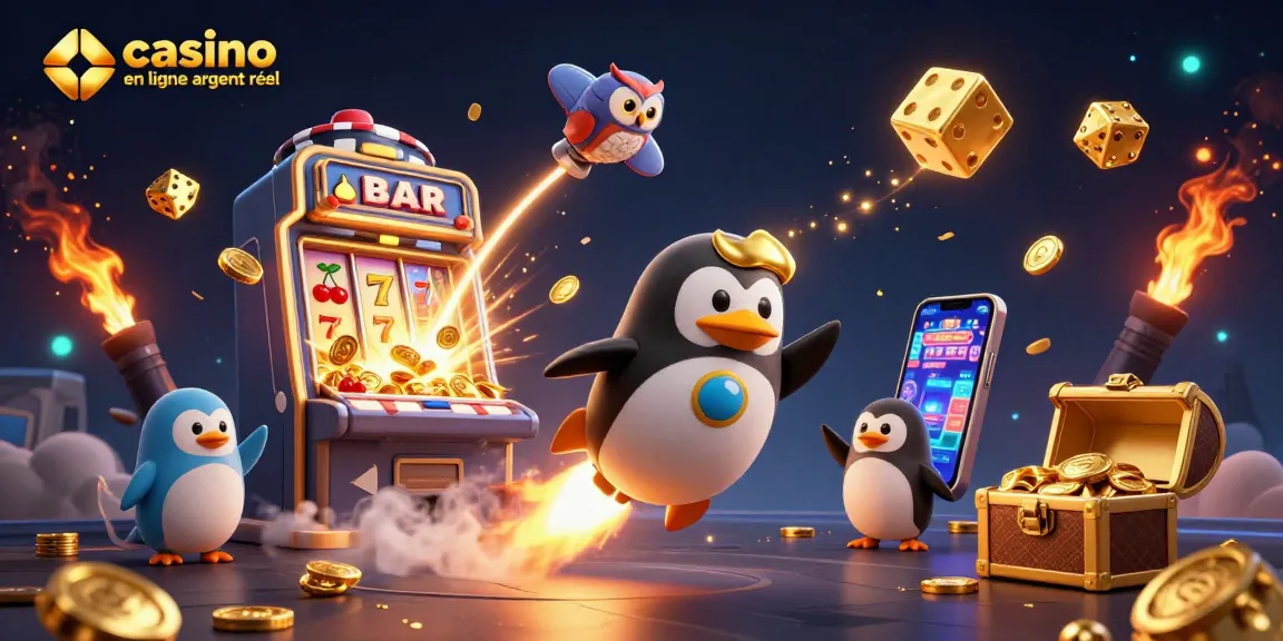 Illustration de casino en ligne argent réel avec des personnages animés, machines à sous et effets de jackpot.