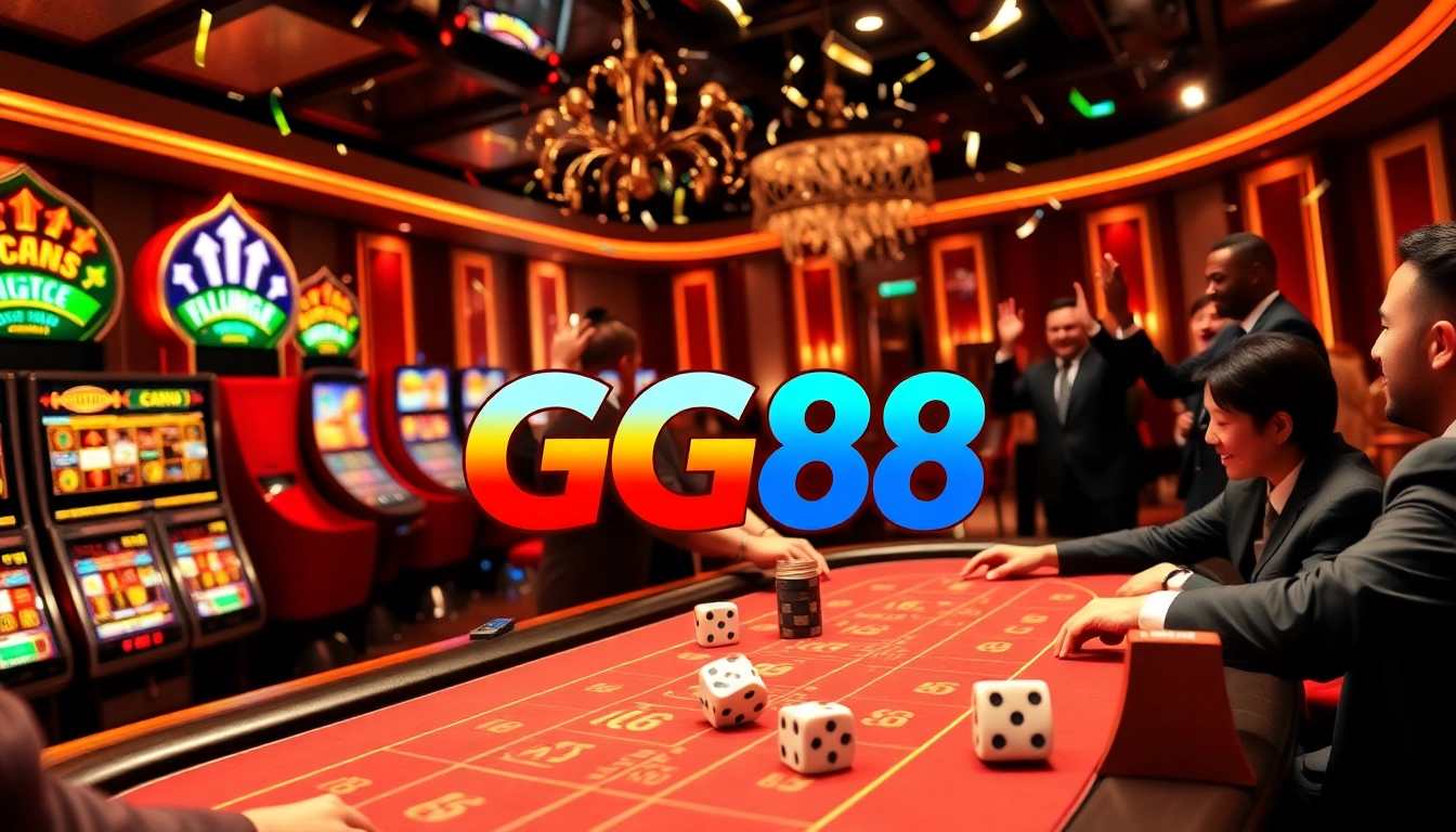 Players enjoy a thrilling game at GG88 online casino featuring a high-stakes poker table and vibrant slot machines.