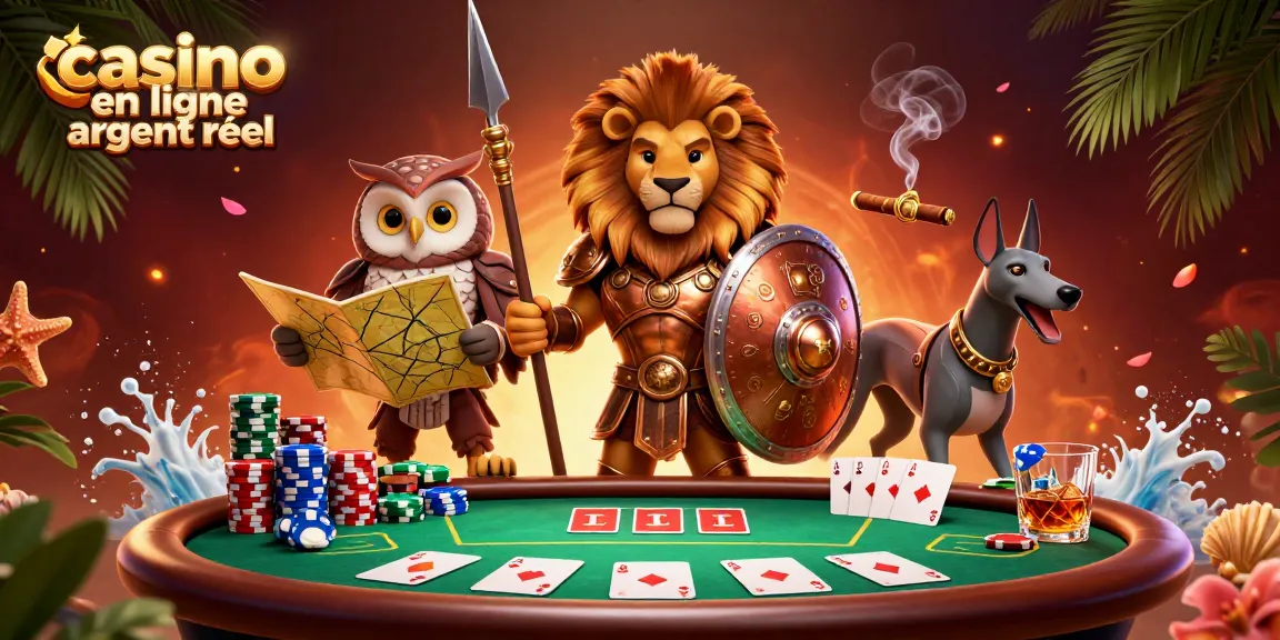 Visitez le casino en ligne argent réel avec une illustration captivante de jeu et des personnages animés.