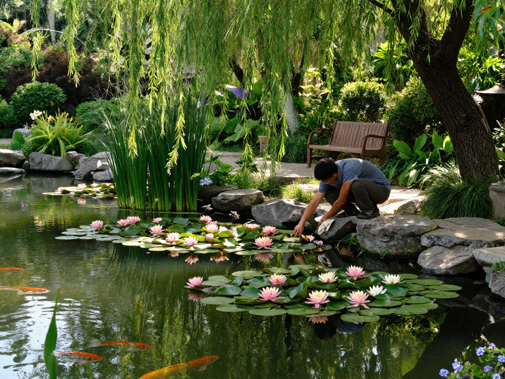 Water Lilies in a serene garden pond as a gardener tends to the blossoms amidst lush greenery.