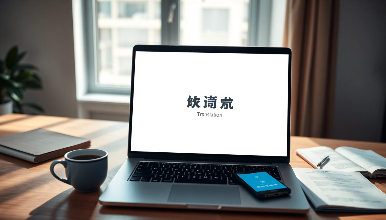 Explore 有道翻译 on a sleek laptop in a modern workspace, showcasing innovative translation solutions.