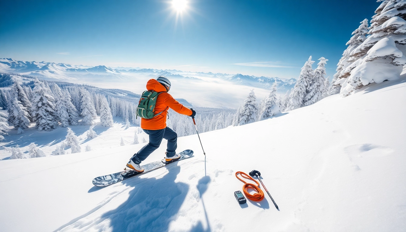 Splitboarding action shot showcasing a snowboarder in the backcountry during an uphill climb.