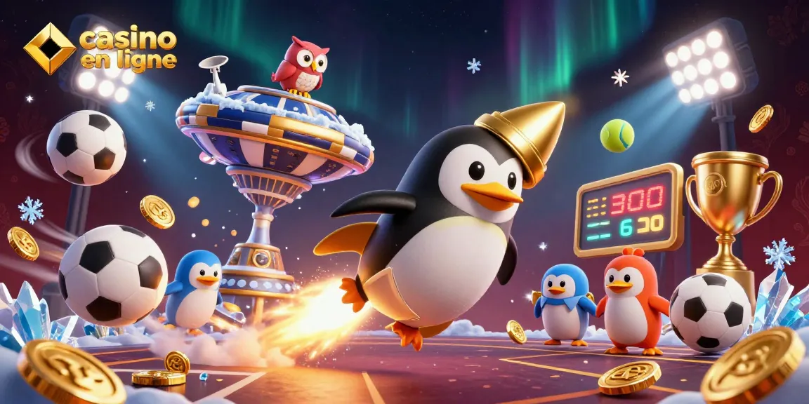 Le casino en ligne vous invite avec un pingouin doré à propulsion de fusée et des éléments sportifs éblouissants.