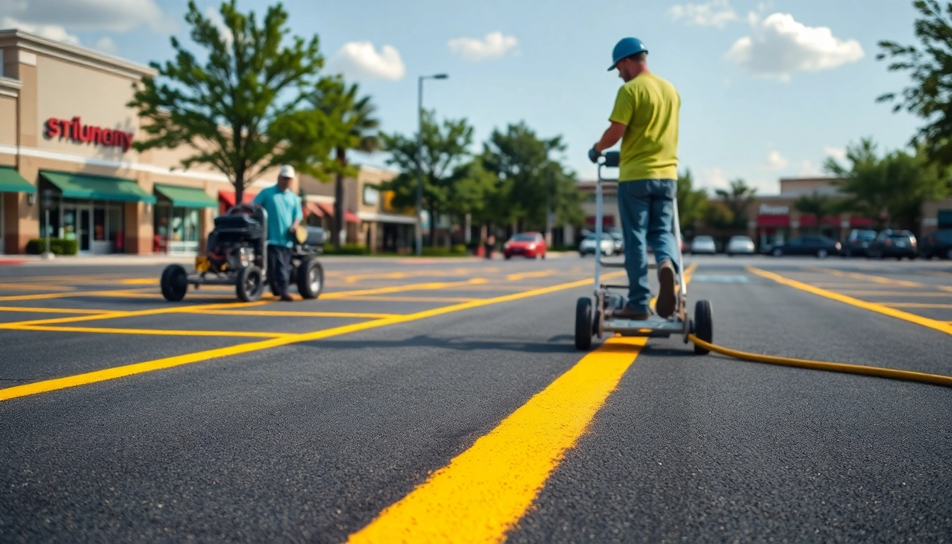 Performing parking lot striping Lakeland Drive Jackson MS, showcasing vivid lines on asphalt.