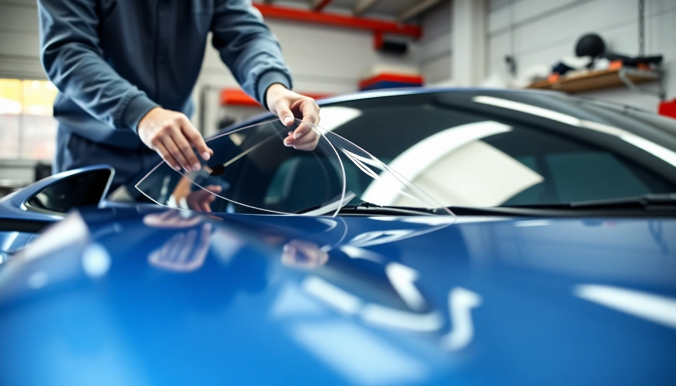 Applying paint protection film near me on a sports car in a bright workshop.