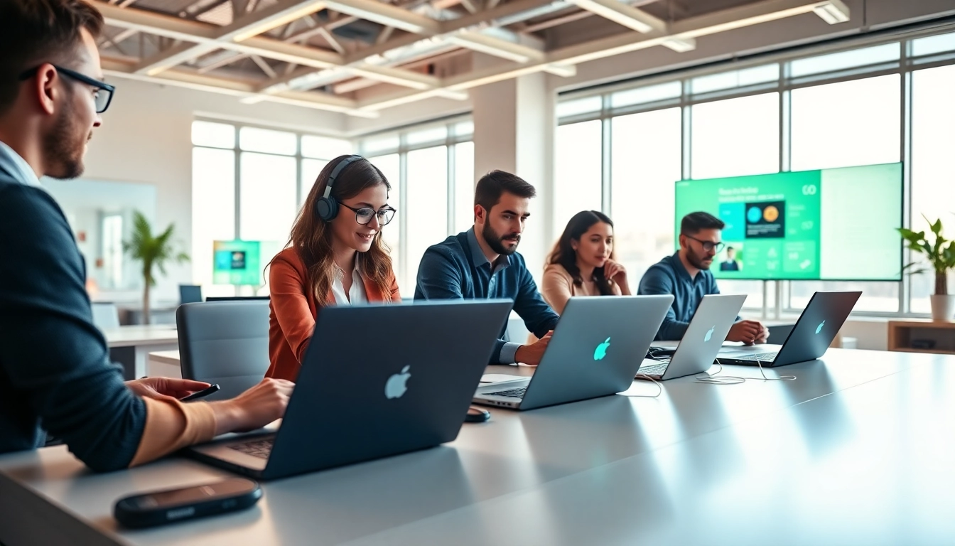 Brightet digital workspace featuring a collaborative team immersed in innovative technology.