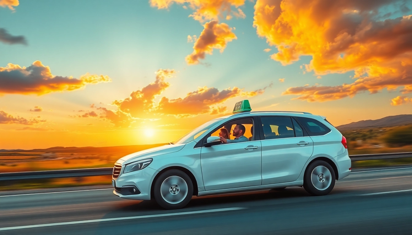 Experience seamless LONG DISTANCE TAXI TRANSFERS with a modern taxi driving along a scenic highway.