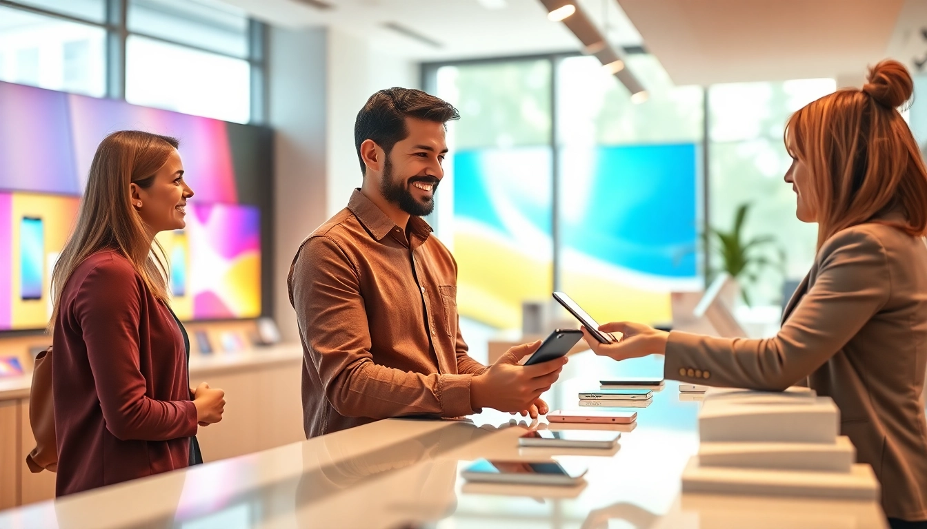 Find cash for phones near me exchange scene with customer and representative.