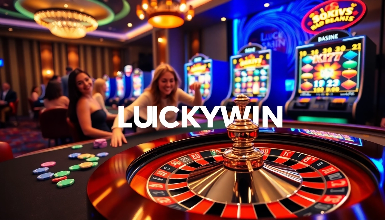 Excited players at a luxurious casino table celebrating LUCKYWIN victories.