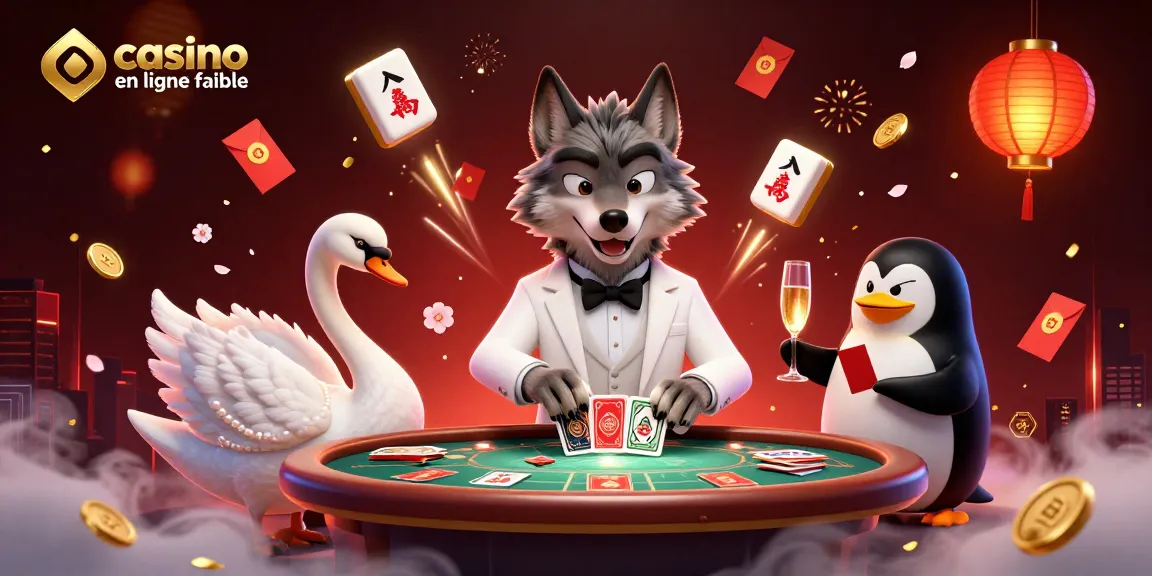Les jeux au casino en ligne fiable avec un loup élégant, un cygne et un pingouin dans une atmosphère festive.