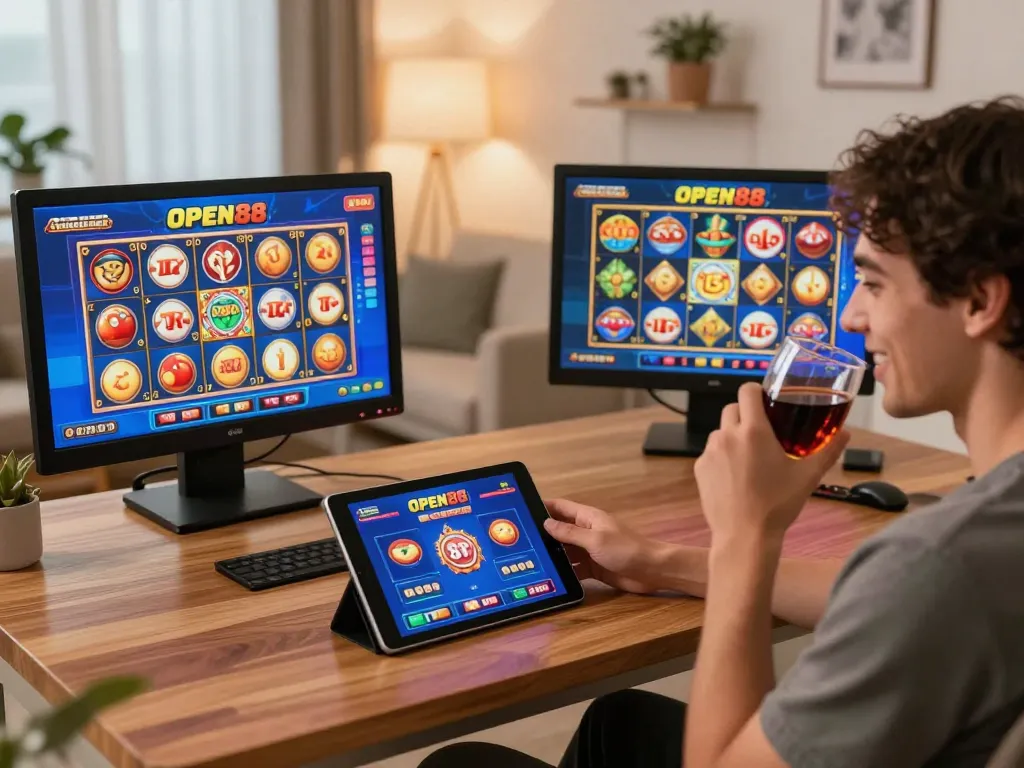 Player enjoying open88 online gaming on tablet in cozy living room with engaging visuals.
