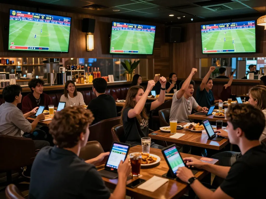 Bong da lu real-time score updates engaging fans in a lively sports bar atmosphere.