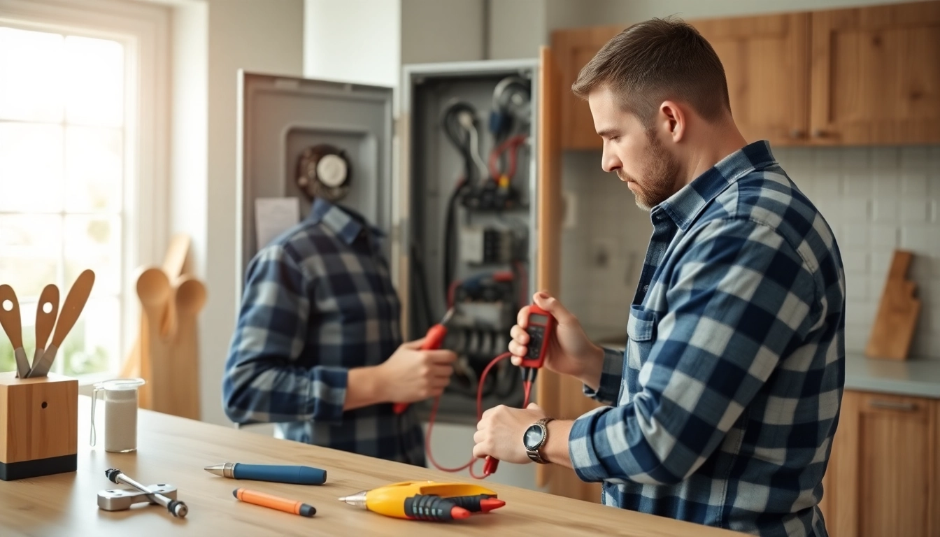 Electrician lower north shore assessing electrical panel in a bright, modern kitchen setting.