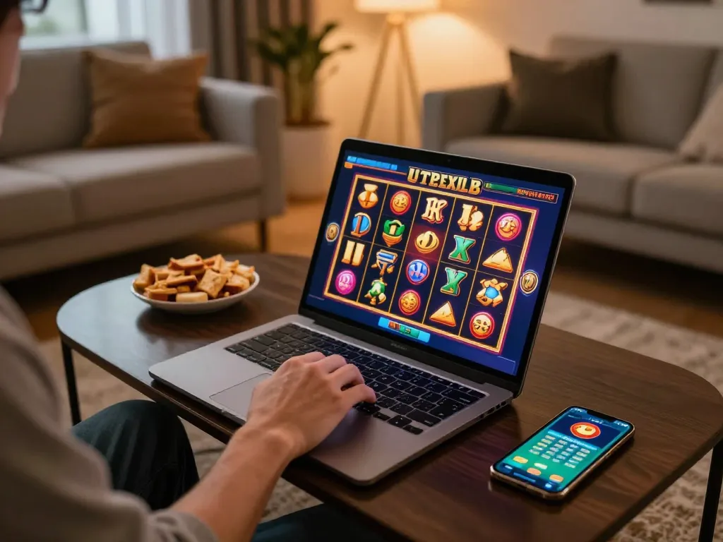 Player engaging in online slot game on laptop, emphasizing Link Gaco and entertainment strategy.