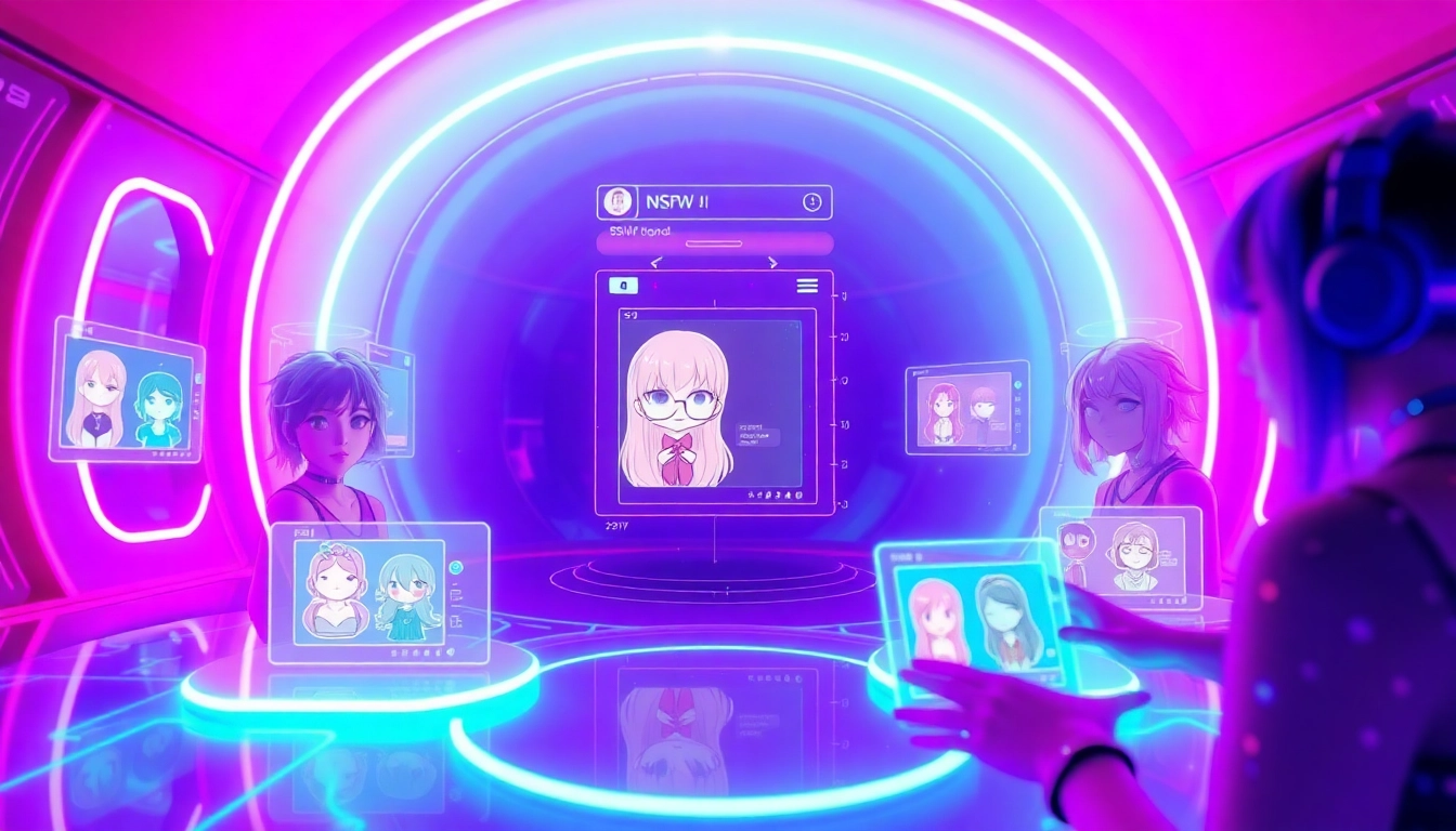 Engaging scene of diverse NSFW AI characters in a vibrant virtual landscape, showcasing interactive holographic interfaces.