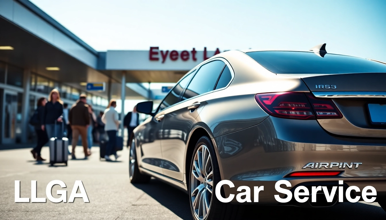 LGA car service offering luxury transportation with a parked sedan at the airport.