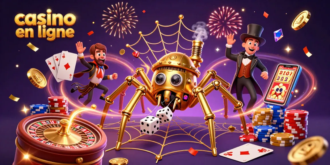 Jouez à casino en ligne avec cette illustration d'une araignée steampunk capturant des dés chanceux dans sa toile.