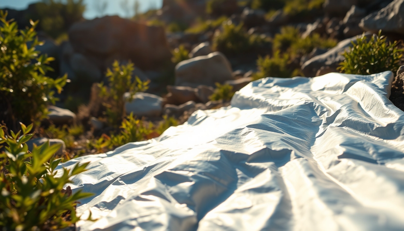 Emergency blanket displayed in a rugged outdoor setting, reflecting sunlight.