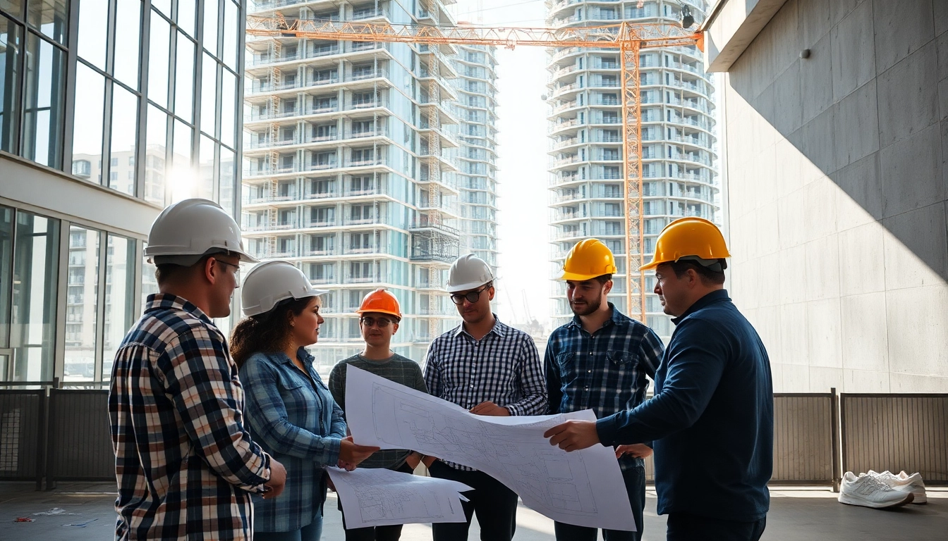 Engaged team from a construction association collaborating on project plans in an urban setting.