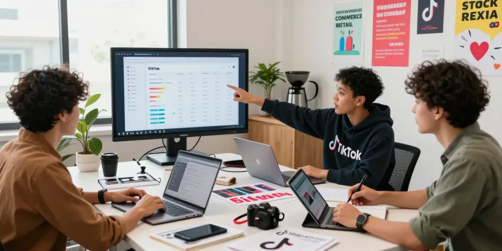 Active TikTok shop management team collaborating on strategies with analytics display