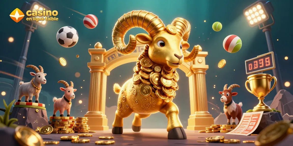 Illustration dynamique du casino en ligne fiable avec un bélier doré, des ballons sportifs, et des éléments de jeu captivants.