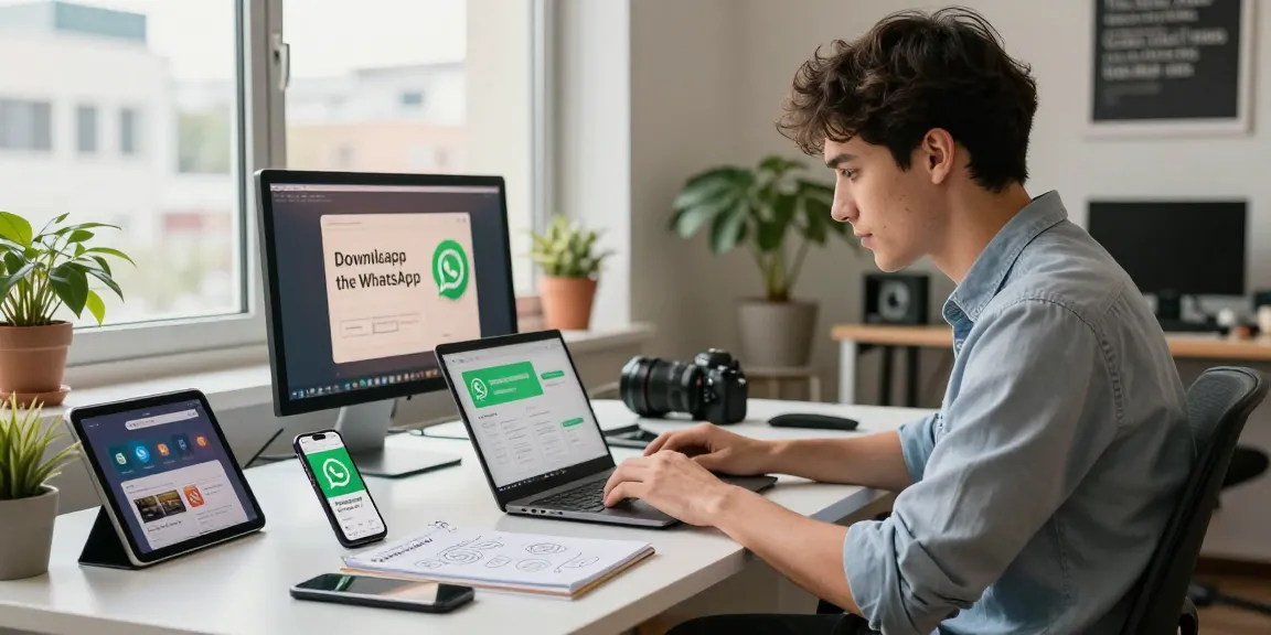 WhatsApp下載 in a modern tech workspace, showcasing a professional downloading the app on a laptop surrounded by smart gadgets.