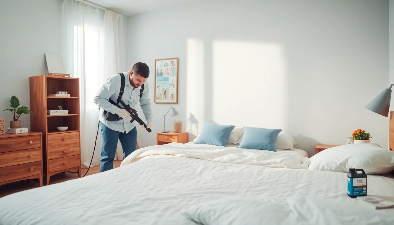 Performing bed bug removal in a stylish bedroom, ensuring a safe and effective solution.